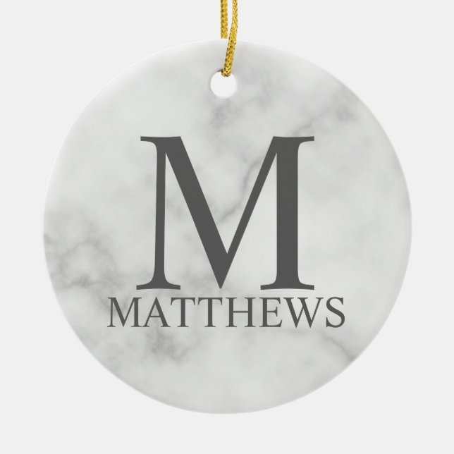 White Marble Personalized Monogram and Name Ceramic Ornament (Front)