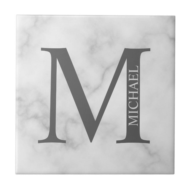 White Marble Personalized Monogram and Name Ceramic Tile (Front)