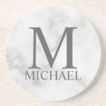 White Marble Personalized Monogram and Name Coaster<br><div class="desc">Personalized Monogram and Name Gift features personalized monogram and name in grey classic serif font style on white marble background. Perfect as holiday gift, father's day gift, family reunion favors, thank you gift for groomsmen and gift for any special occasions. Please note: The marble details are simulated in the artwork....</div>