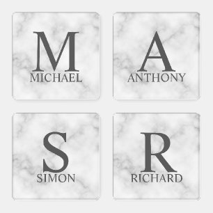 White Marble Personalized Monogram and Name Coaster Set