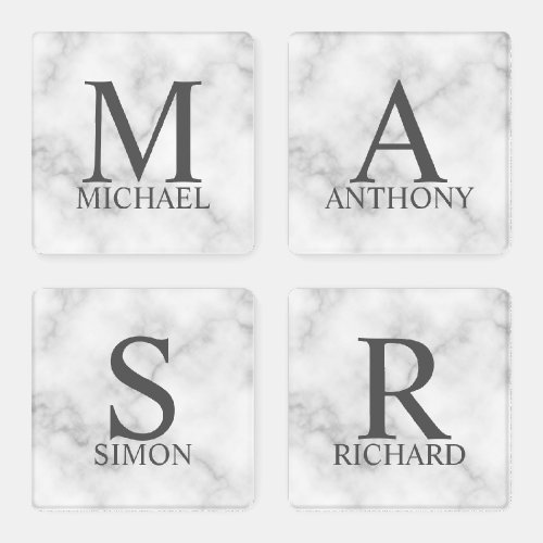 White Marble Personalized Monogram and Name Coaster Set