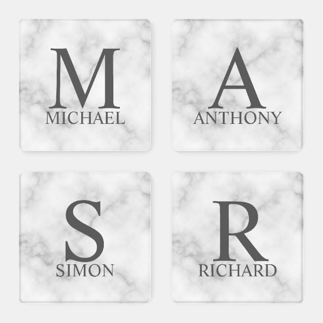 White Marble Personalized Monogram and Name Coaster Set (Set)