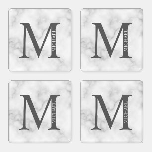 White Marble Personalized Monogram and Name Coaster Set