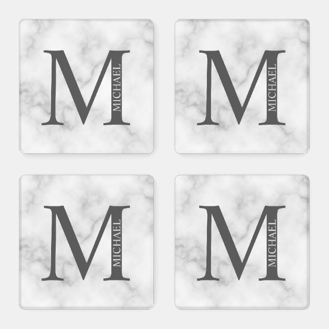 White Marble Personalized Monogram and Name Coaster Set (Set)