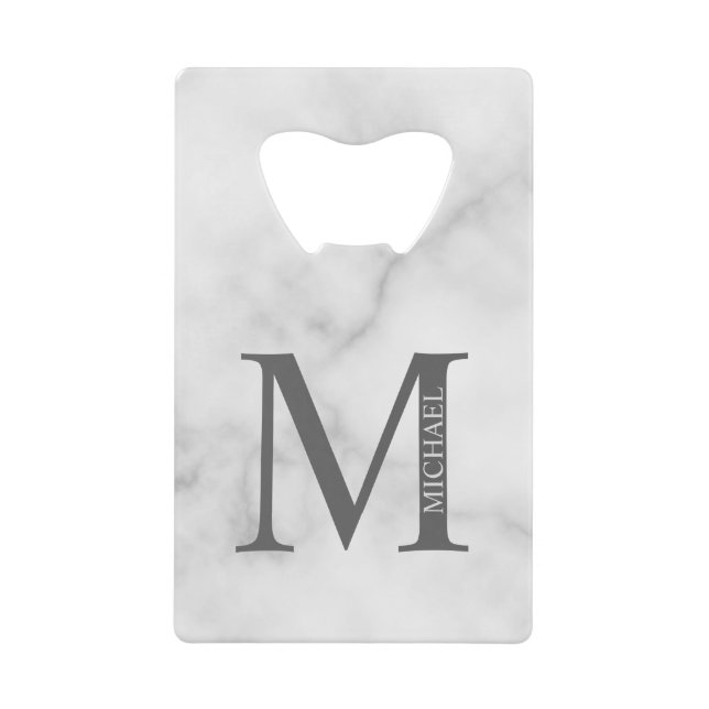 White Marble Personalized Monogram and Name  Credit Card Bottle Opener (Front)