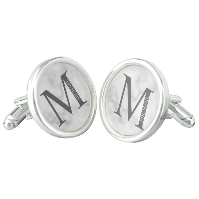 White Marble Personalized Monogram and Name Cufflinks (Angled)