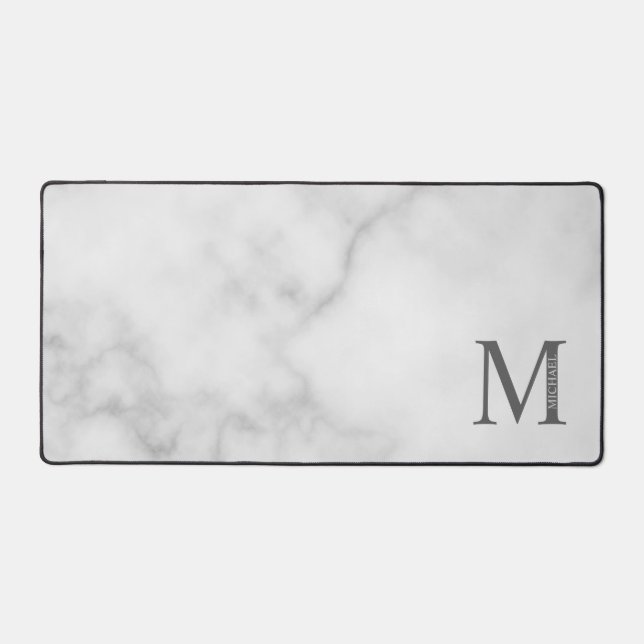 White Marble Personalized Monogram and Name Desk Mat (Front)