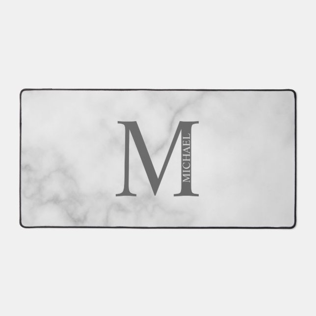 White Marble Personalized Monogram and Name Desk Mat (Front)