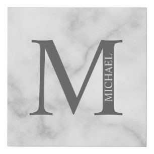 White Marble Personalized Monogram and Name Faux Canvas Print