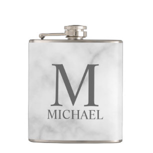 White Marble Personalized Monogram and Name  Flask