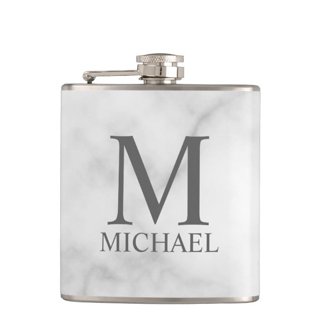 White Marble Personalized Monogram and Name  Flask (Front)
