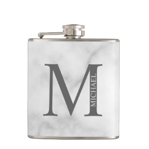 White Marble Personalized Monogram and Name  Flask