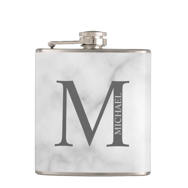White Marble Personalized Monogram and Name  Flask (Front)
