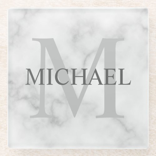 White Marble Personalized Monogram and Name Glass Coaster