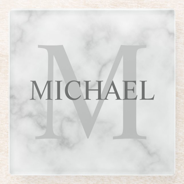 White Marble Personalized Monogram and Name Glass Coaster (Front)