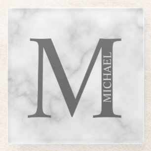 White Marble Personalized Monogram and Name Glass Coaster