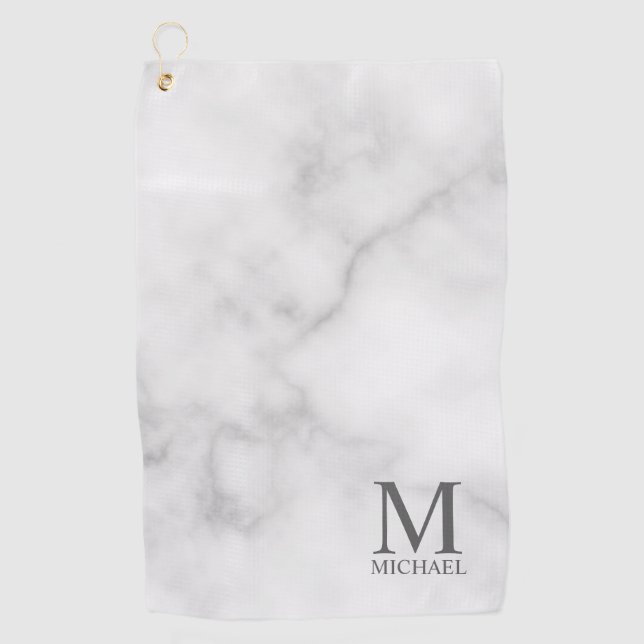 White Marble Personalized Monogram and Name Golf Towel (Front)