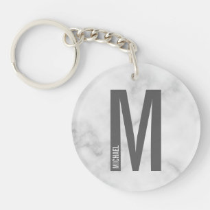 White Marble Personalized Monogram and Name Keychain