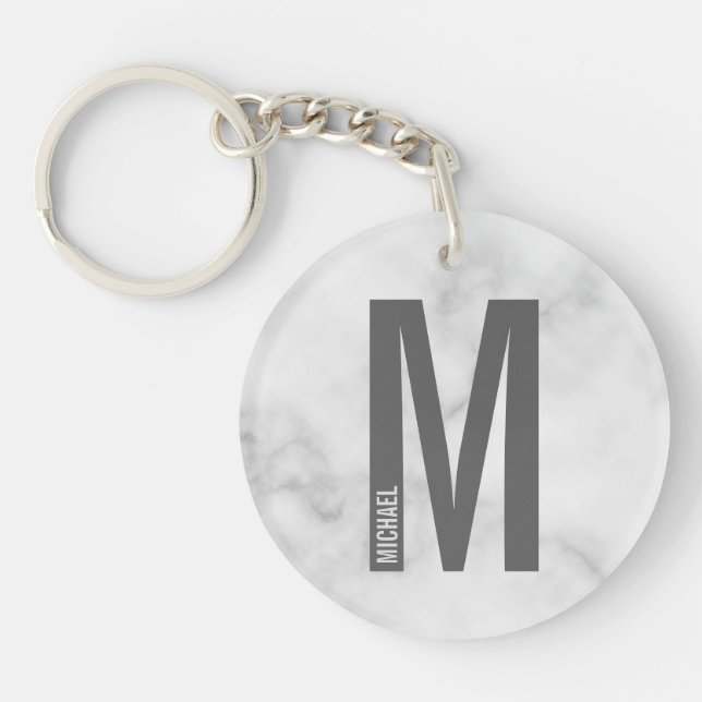 White Marble Personalized Monogram and Name Keychain (Front)