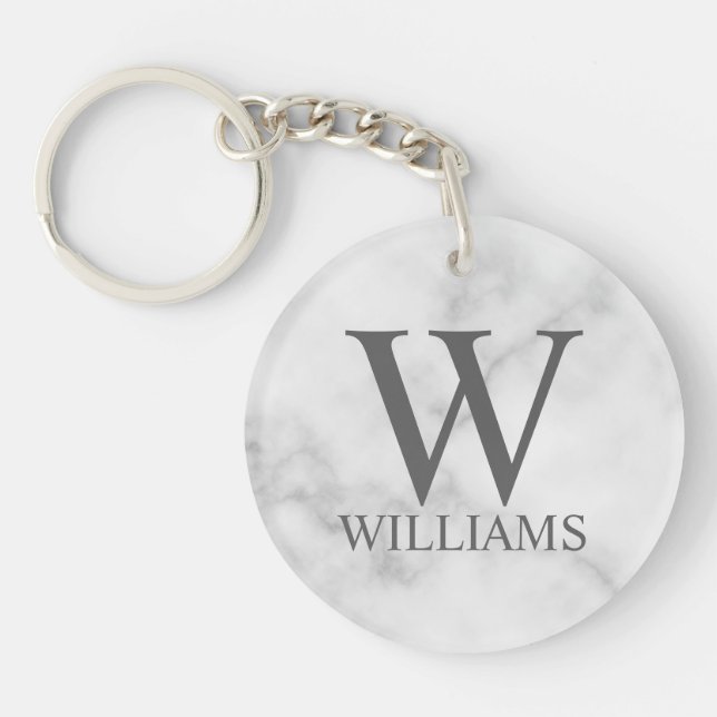 White Marble Personalized Monogram and Name Keychain (Front)
