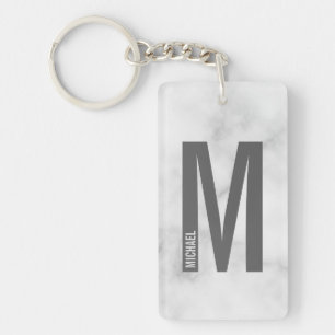 White Marble Personalized Monogram and Name Keychain