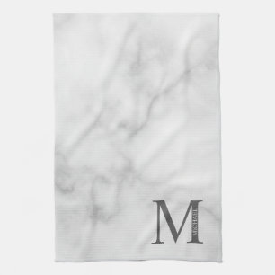 White Marble Personalized Monogram and Name Kitchen Towel