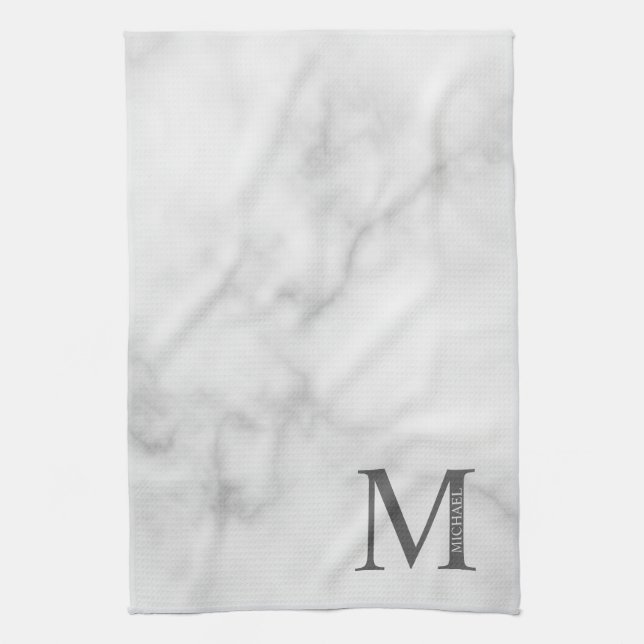 White Marble Personalized Monogram and Name Kitchen Towel (Vertical)