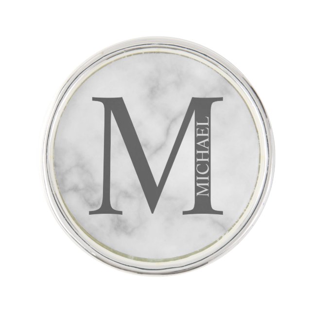 White Marble Personalized Monogram and Name Lapel Pin (Front)