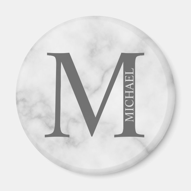 White Marble Personalized Monogram and Name Magnet (Front)