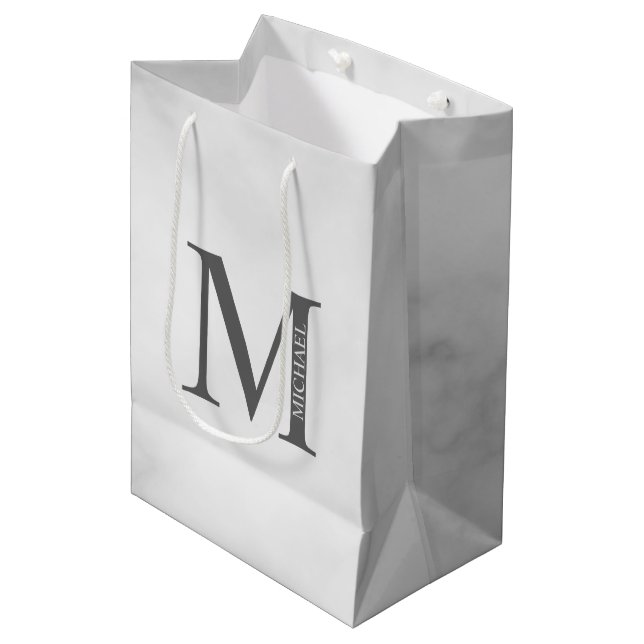White Marble Personalized Monogram and Name Medium Gift Bag (Front Angled)