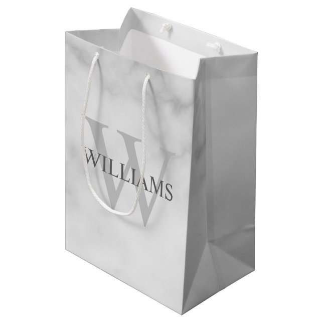 White Marble Personalized Monogram and Name Medium Gift Bag (Front Angled)