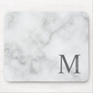 White Marble Personalized Monogram and Name Mouse Pad