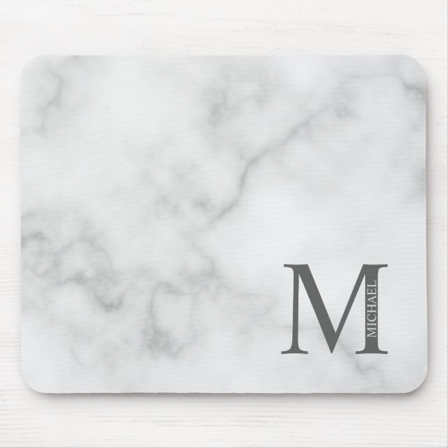 White Marble Personalized Monogram and Name Mouse Pad (Front)