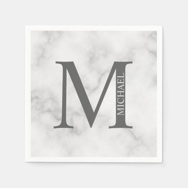 White Marble Personalized Monogram and Name  Napkins (Front)