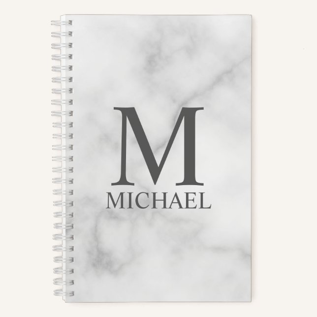 White Marble Personalized Monogram and Name Notebook (Front)