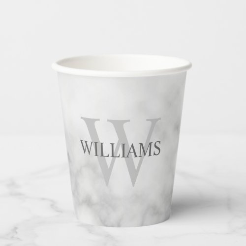 White Marble Personalized Monogram and Name Paper Cups