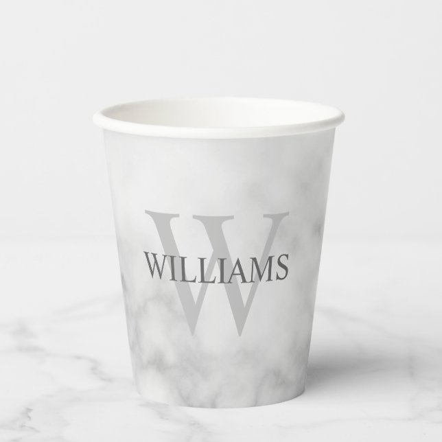 White Marble Personalized Monogram and Name Paper Cups (Front)