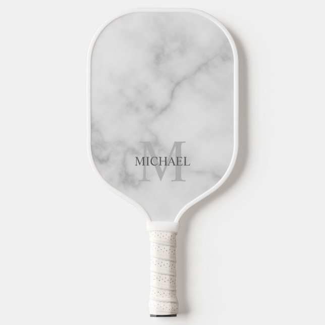 White Marble Personalized Monogram and Name Pickleball Paddle (Front)