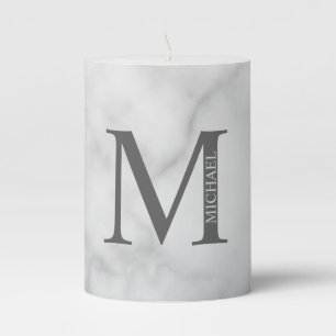 White Marble Personalized Monogram and Name Pillar Candle