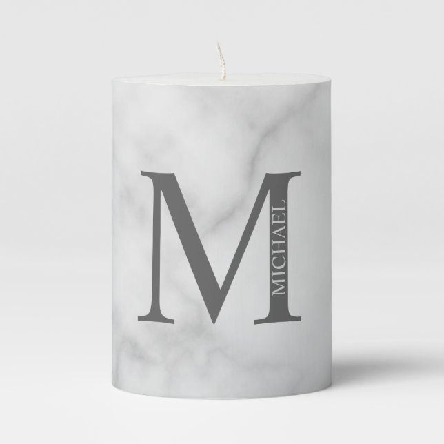 White Marble Personalized Monogram and Name Pillar Candle (Front)