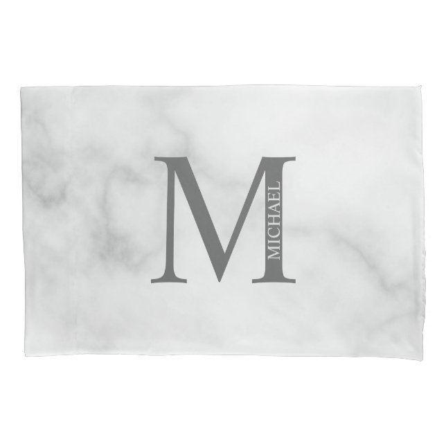 White Marble Personalized Monogram and Name Pillow Case (Front)