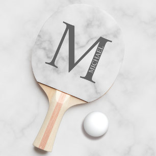 White Marble Personalized Monogram and Name Ping Pong Paddle