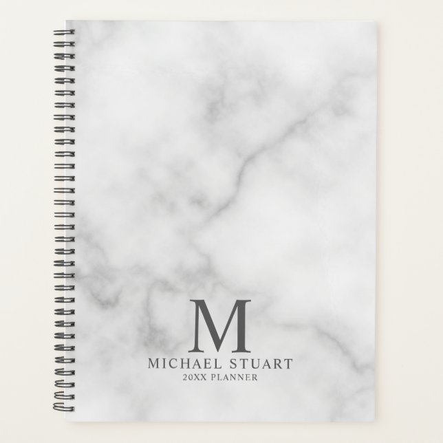 White Marble Personalized Monogram and Name Planner (Front)