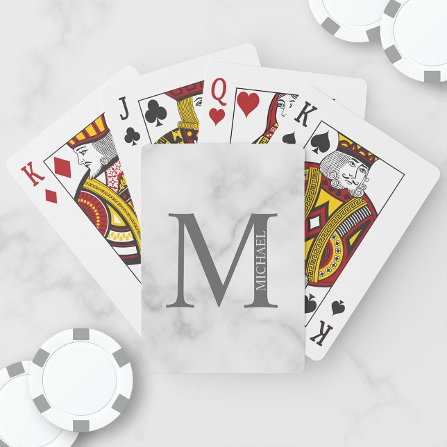 White Marble Personalized Monogram and Name Poker Cards (Creator Uploaded)