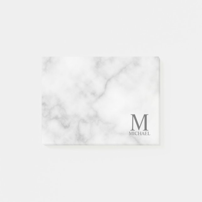 White Marble Personalized Monogram and Name Post-it Notes (Front)