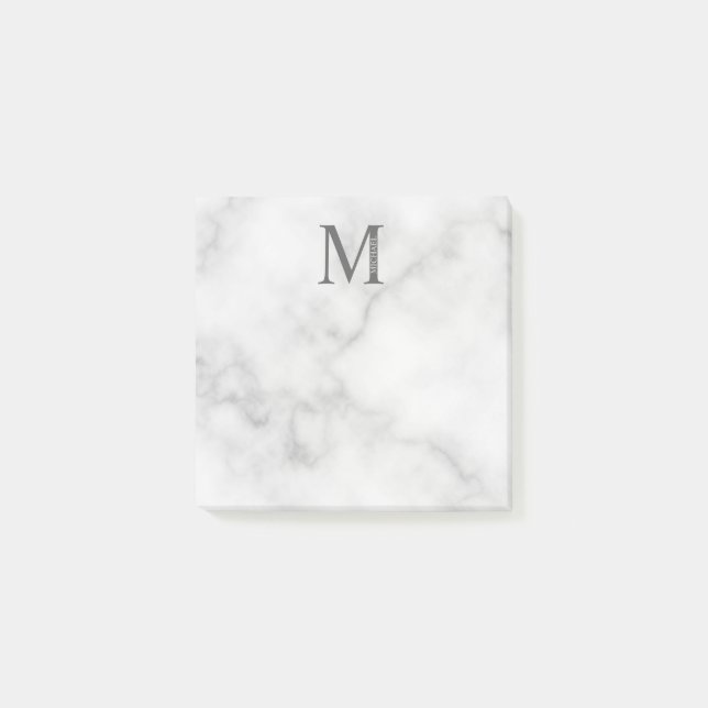 White Marble Personalized Monogram and Name Post-it Notes (Front)
