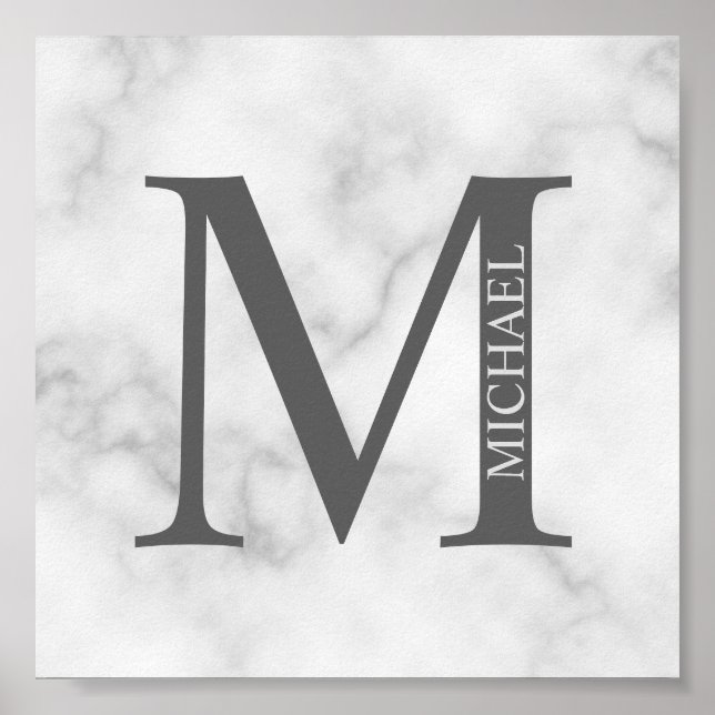 White Marble Personalized Monogram and Name Poster (Front)