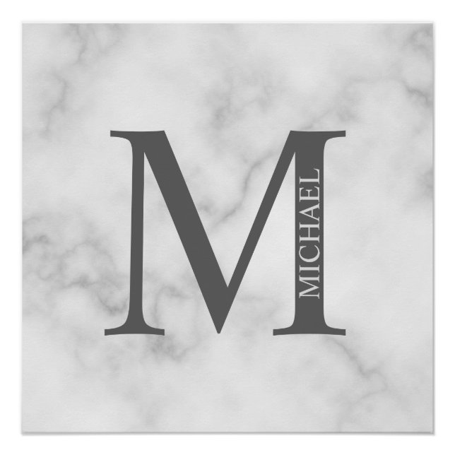 White Marble Personalized Monogram and Name Poster (Front)