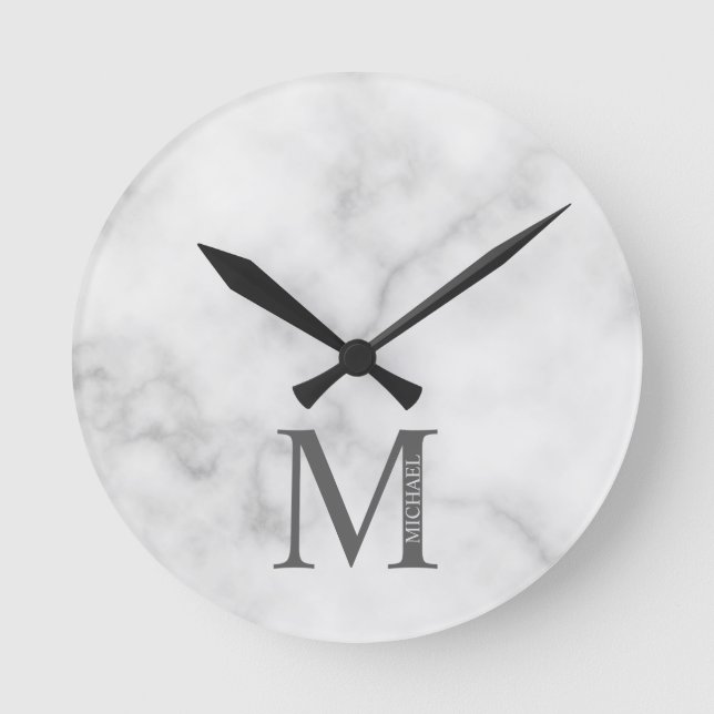 White Marble Personalized Monogram and Name Round Clock (Front)