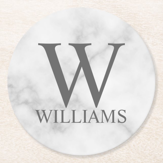 White Marble Personalized Monogram and Name Round Paper Coaster (Front)